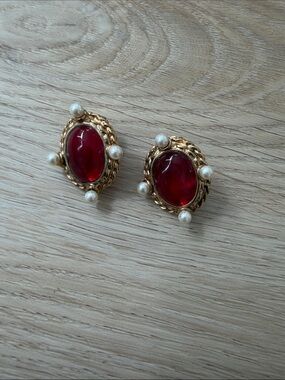 Gripoix Paris Gold-Tone Clip-On Earrings with Red Cabochons & Pearl Accents